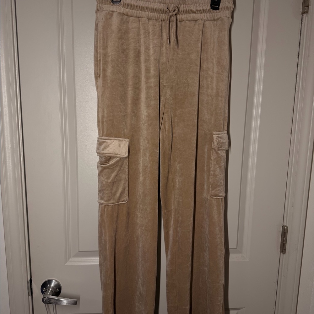 refuge Wide Leg Velvet Cargo Pants in Beige